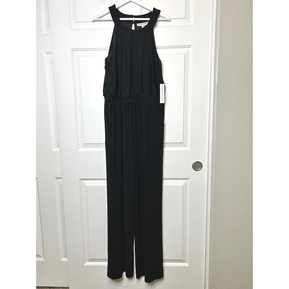 Emma & Michele Jumpsuit Large Black NEW Halter Wide Leg Pleated Drawstring